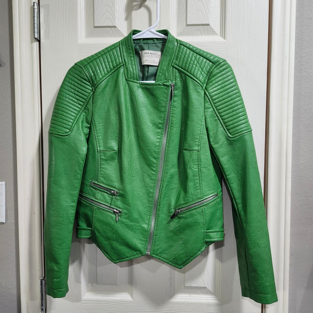 Zara Basic Green Faux Leather Moto Biker Jacket Quilted Ribbed Size M